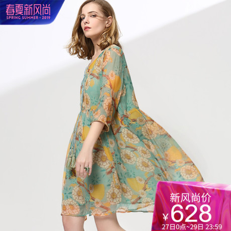 dfvc2019夏季新款时尚真丝印花连衣裙v领系带拼接腰宽松显瘦a字裙商品大图