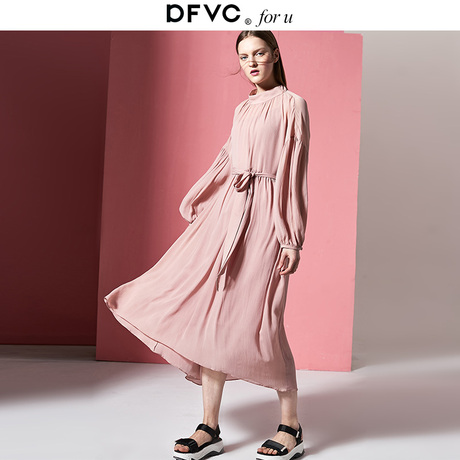 dfvc欧洲站2019春季新款粉色重磅真丝连衣裙女长款系带桑蚕丝裙子商品大图