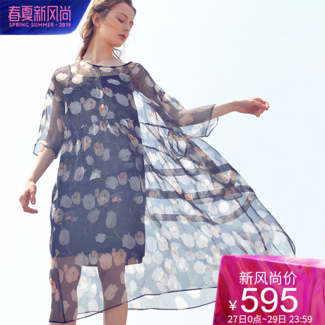 dfvc2019夏季新款文艺印花真丝连衣裙女中长款轻薄雪纺桑蚕丝宽松商品大图