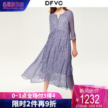 dfvc2019春夏新款网纱真丝刺绣连衣裙女宽松桑蚕丝V领中长裙收腰图片