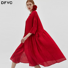 dfvc2019春季新款时尚七分袖红色真丝连衣裙桑蚕丝宽松大码a字裙图片
