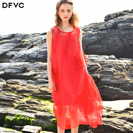 dfvc2019新款桑蚕丝无袖连衣裙女夏季红色中长款真丝连衣裙两件套商品大图