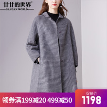 【70%羊毛】甘甘的世界2018秋冬新款娃娃领格子双面呢大衣女外套图片