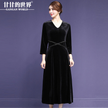 甘甘的世界大码韩版女装七分袖大摆金丝绒长裙女2018新款连衣裙女图片
