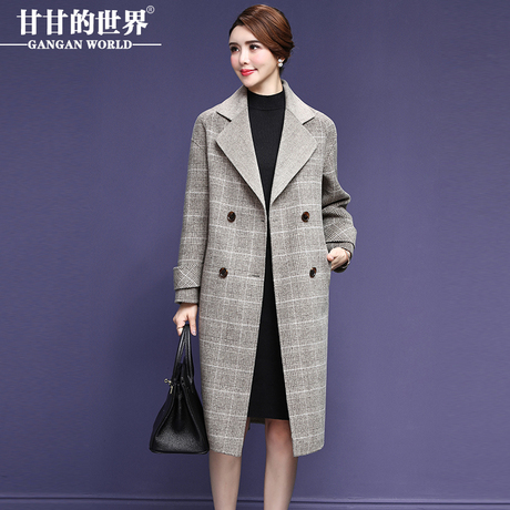 甘甘的世界2018秋冬新款毛呢外套修身显瘦中长款双面呢格子大衣女商品大图