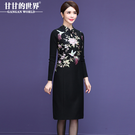 【刺绣羊毛呢 49%羊毛】甘甘的世界2018秋冬新款连衣裙中长款女商品大图
