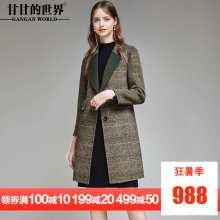 甘甘的世界2018秋冬新款双面呢毛呢大衣撞色格子翻领大码毛呢外套图片