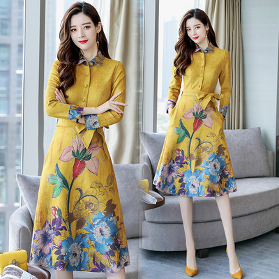 中国风名媛气质2018新款秋女装时尚复古麂皮绒汉服长袖衬衫连衣裙