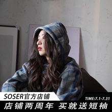 【SOSER官方店】原创设计国潮灰蓝套头毛呢格子外套春秋新品卫衣
