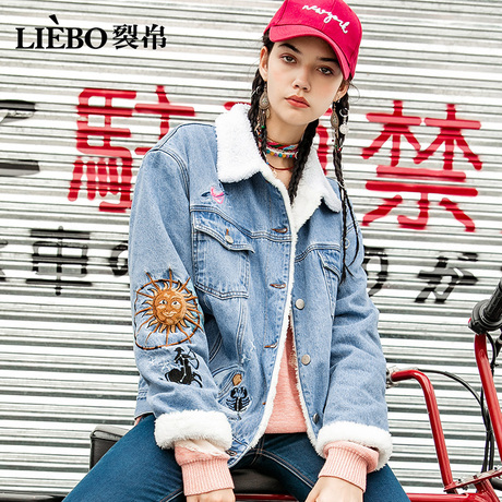 裂帛牛仔外套女2018秋新款刺绣仿羊羔绒棉衣学生休闲宽松加厚上衣商品大图