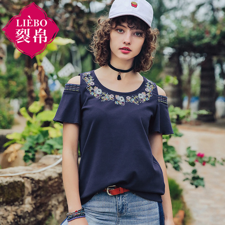 裂帛2018夏装新款甜美气质圆领刺绣露肩喇叭短袖舒适T恤51172598商品大图
