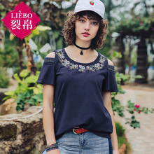 裂帛2018夏装新款甜美气质圆领刺绣露肩喇叭短袖舒适T恤51172598图片