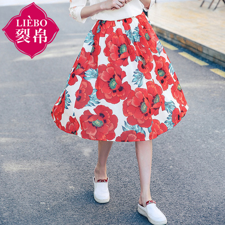 裂帛2018夏新款气质高腰印花中长裙显瘦A字大摆半身裙女51171994商品大图