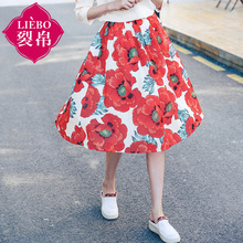 裂帛2018夏新款气质高腰印花中长裙显瘦A字大摆半身裙女51171994图片