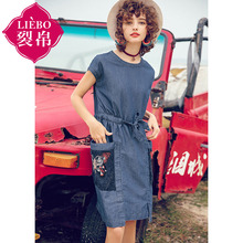 裂帛旗舰店2018夏装新款甜美大气圆领刺绣抽绳蕾丝牛仔连衣裙女图片