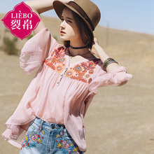 裂帛旗舰店2018夏装新款文艺刺绣V领A摆上衣七分袖宽松雪纺衫女图片