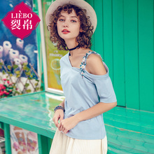 裂帛女装2018夏装新款清新文艺不对称露肩刺绣舒适短袖T恤女图片
