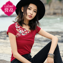 裂帛2018夏装新复古民族风个性V领刺绣不对称短袖T恤款女51172542图片
