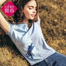 裂帛2018夏新款圆领趣味刺绣短袖上衣 拼接撞色休闲T恤女51172280图片