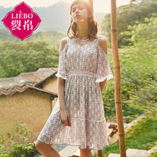 裂帛旗舰店2018夏新款圆领露肩镂空中袖雪纺裙印花飘逸连衣裙女图片