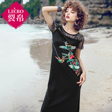裂帛旗舰店2018夏装新款性感大气圆领蕾丝拼接印花短袖连衣裙女图片