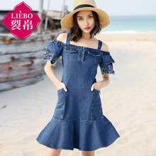 裂帛旗舰店2018夏装新款复古一字领刺绣荷叶边短袖牛仔连衣裙女图片