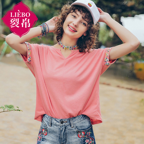 裂帛女装2018夏装新款甜美气质圆领刺绣个性抽褶插肩短袖T恤商品大图
