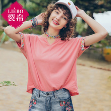 裂帛女装2018夏装新款甜美气质圆领刺绣个性抽褶插肩短袖T恤图片