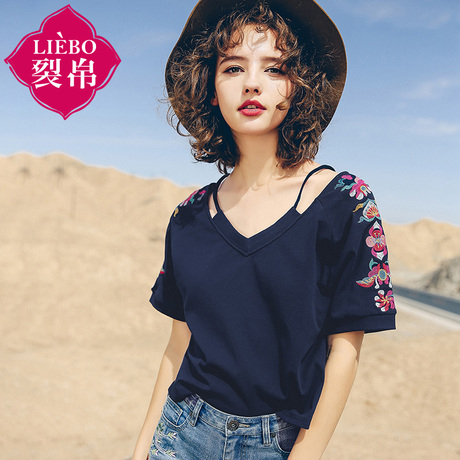 裂帛旗舰店2018夏装新款刺绣肩带V领上衣针织宽松型七分袖T恤女商品大图