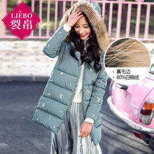 裂帛冬装新款刺绣真毛领连帽白鸭绒衣中长款羽绒服女51161318图片