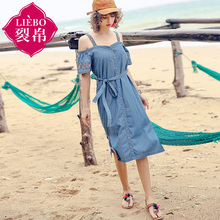裂帛旗舰店2018夏装新款甜美吊带松紧露肩刺绣收腰牛仔连衣裙女图片