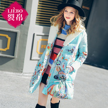裂帛民族风2018冬装新款长袖外套时尚印花中长款羽绒服女加厚外套图片