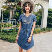 裂帛旗舰店2018夏装时尚精美刺绣收腰清新抽绳牛仔短袖连衣裙女图片
