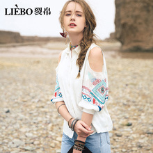裂帛露肩衬衣女长袖2018春装新款 百搭 白衬衫女 心机衬衫设计感图片
