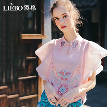 裂帛新衣记2018夏季新款精美翻领刺绣雪纺衫短袖蕾丝衫女68180012图片