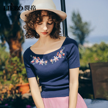 裂帛2018夏新款女气质船领短袖上衣刺绣全棉套头百搭显瘦针织衫女图片