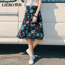 裂帛半身裙夏女2018新款气质中腰荷叶边中长裙拼接雪纺图片