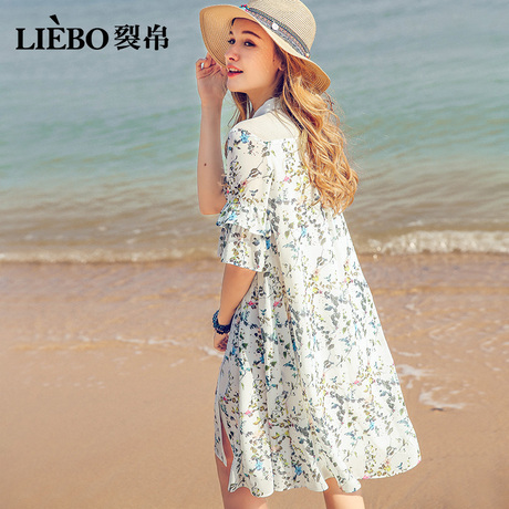 裂帛旗舰店2018夏装新款文艺翻领小清新拼接前开襟雪纺连衣裙女商品大图