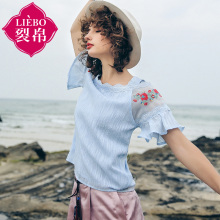 裂帛旗舰店2018夏新款浪漫花边领刺绣短袖上衣文艺清新雪纺衫女图片