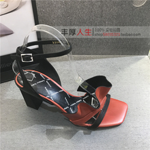 millie 欧阳娜娜同款 妙丽2019夏粗高跟荷叶边露趾凉鞋 LEO09BL9