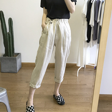 宽松高腰抽绳萝卜休闲裤 显瘦棉麻九分裤 女式夏季韩版 亚麻哈伦裤