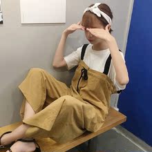 韩版 女春夏百搭宽松显瘦八分阔褪裤 休闲裤 学院风纯色可爱背带裤
