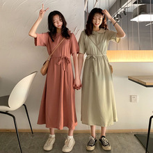 女学生长裙韩版 裙子森系 2019夏天新款 短袖 法式小众连衣裙收腰长款