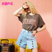 妖精的口袋旗舰店夏装2018新款港味原宿水洗chic牛仔短裤高腰女潮图片
