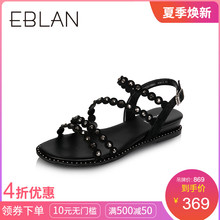 千百度集团 伊伴羊绒皮铆钉装饰低跟凉鞋B8383519