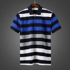 2019夏季新品纯棉翻领短袖T恤男宽条纹珠地棉薄款透气潮牌polo衫