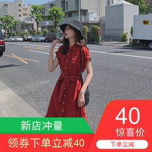 流行裙子2019夏新款女装智熏法式森系桔梗复古超仙红色雪纺连衣裙