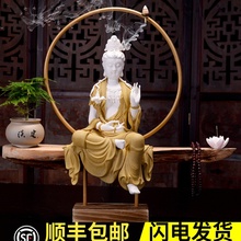 禅意观音倒流香炉创意摆件大号香薰炉檀香家居客厅茶室玄关木摆件