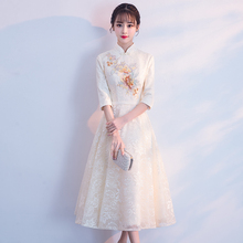 中式姐妹团伴娘服春季2019新款大码中国风中长款长袖生日晚礼服裙
