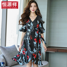 恒源祥杭州重磅真丝连衣裙女夏2018新款系带印花裙桑蚕丝气质裙子图片